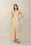 Claudia Striped Off Shoulder Collared Belted Sleeveless Shirt Dress in Cotton