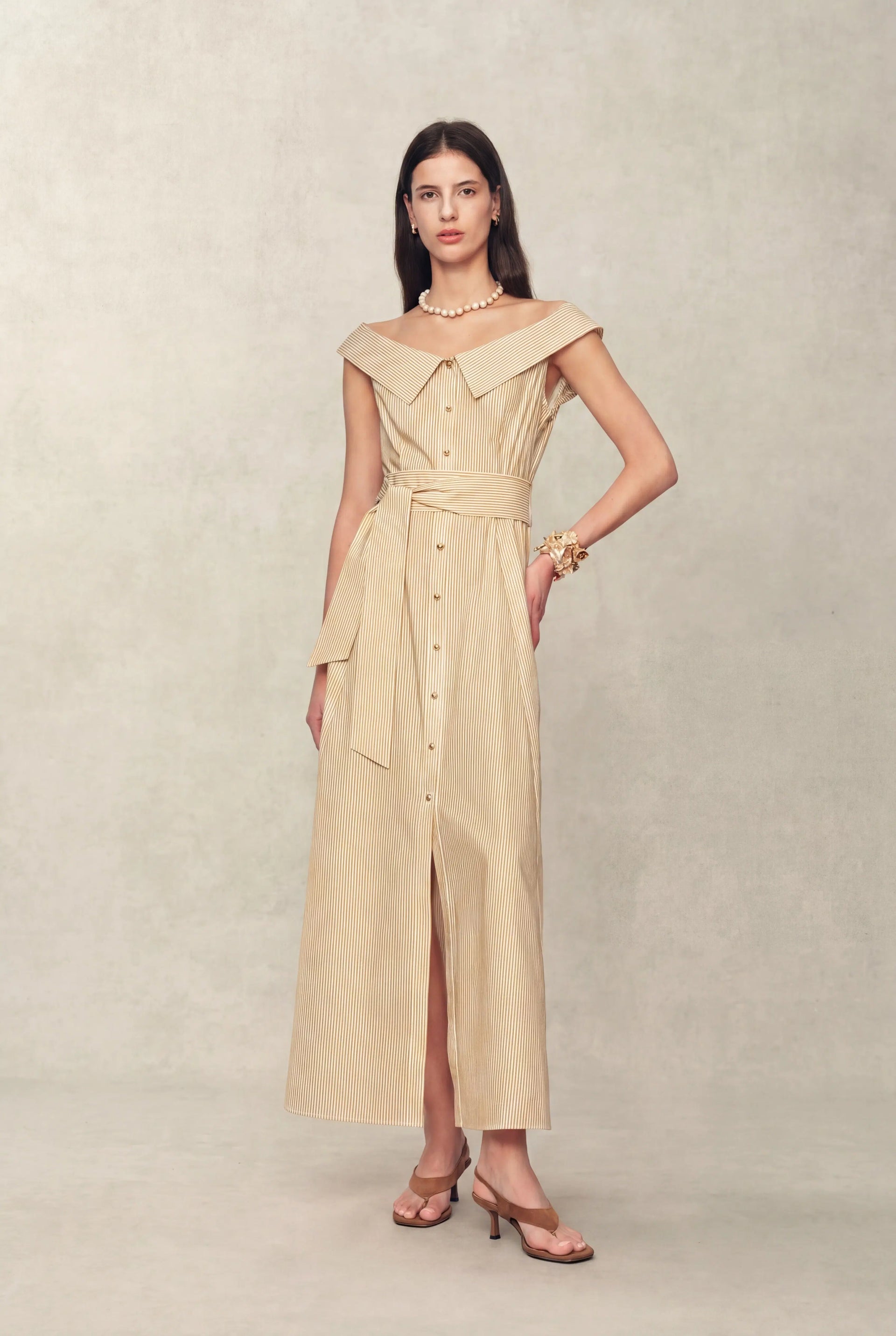 Claudia Striped Off Shoulder Collared Belted Sleeveless Shirt Dress in Cotton M