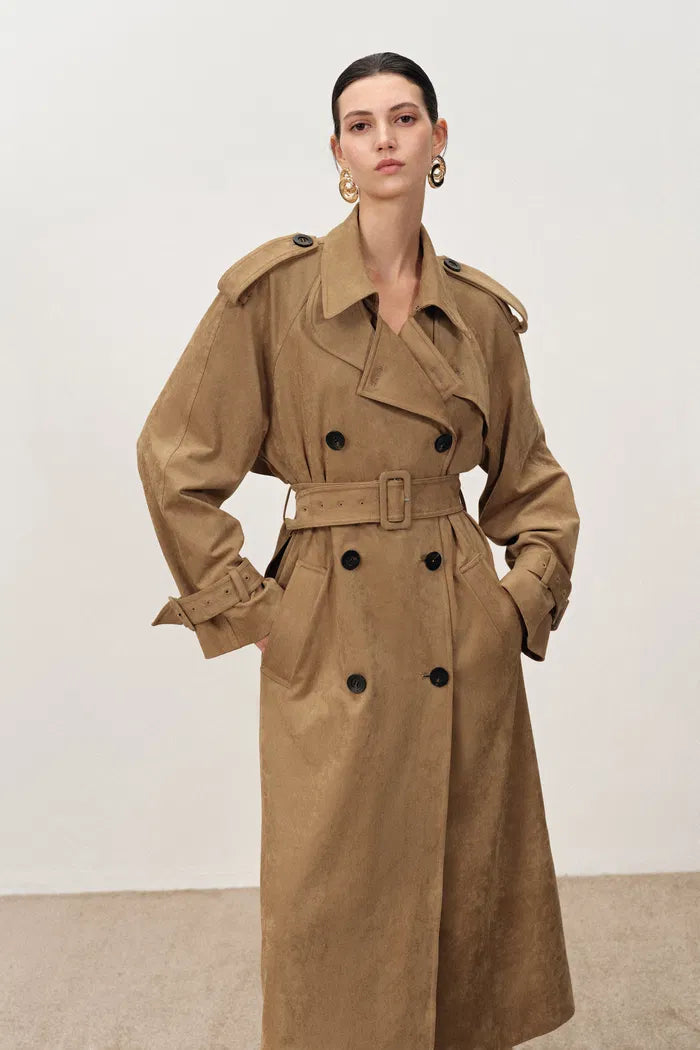 Astrid Detachable Epaulette Trench Coat in Faux Suede