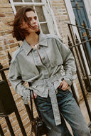 Halle Washed Short Trench Inspired Jacket in Light Blue Denim