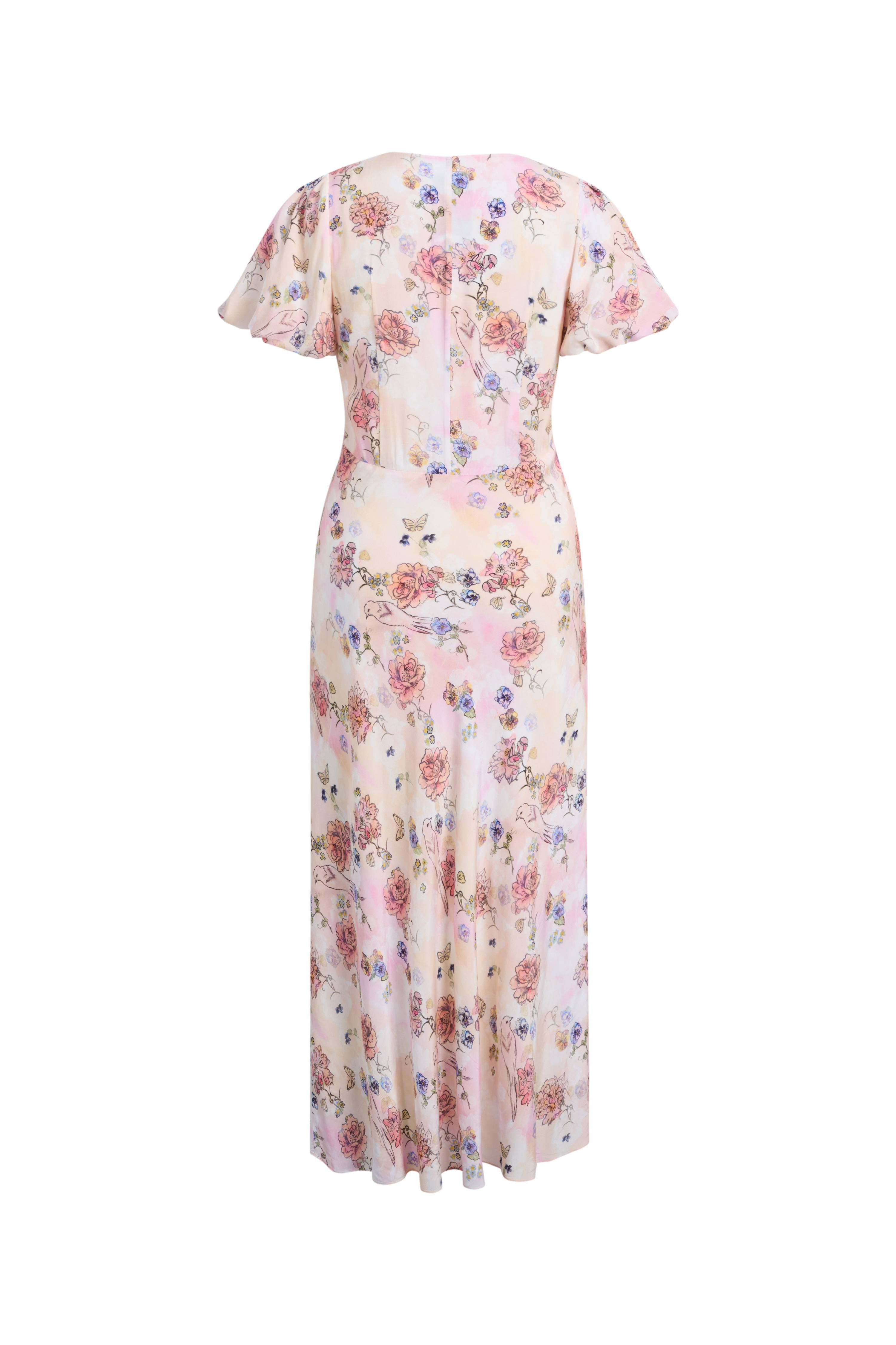 Coco Handpainted Floral Puff Sleeve Cinched Dress in Crinkle Gauze –