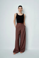 Pantalones de Pierna Ancha con Cintura Elástica Harper en Seda Morera Seca