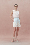 Paz Blue Embroidered Shorts in Silk-Linen Blend