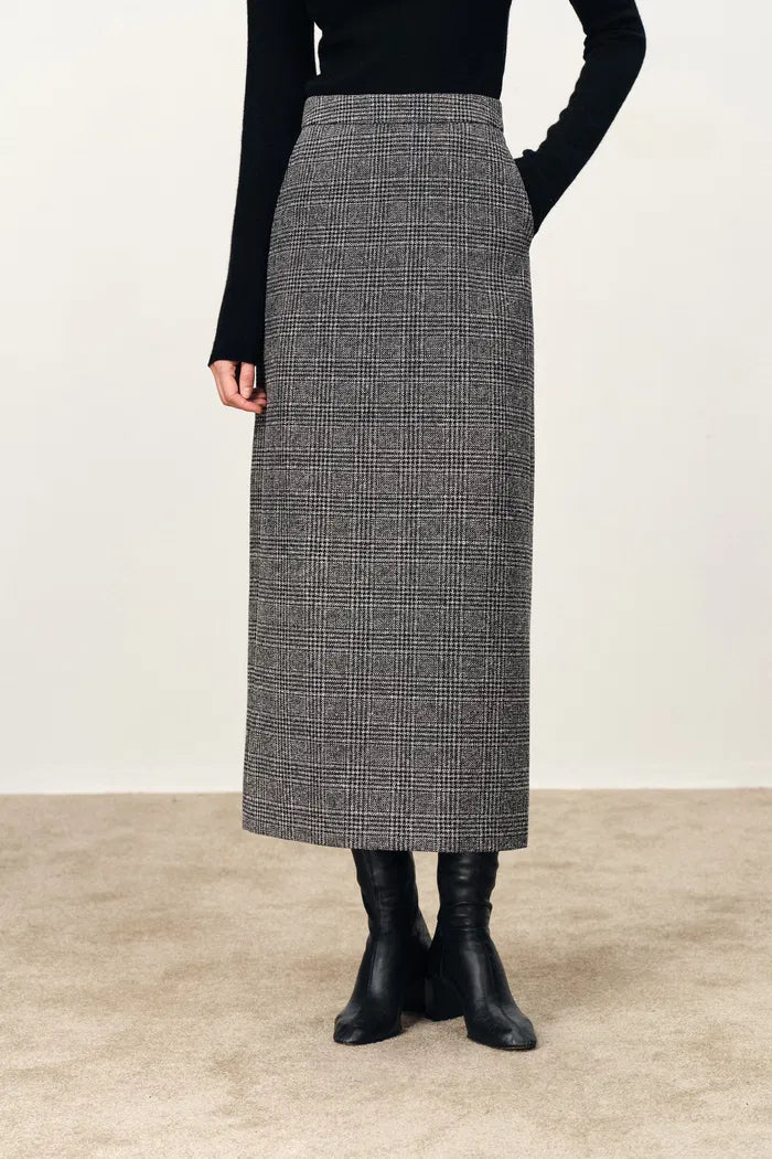 Lola Leather Accent Straight Midi Skirt in Merino-Silk Welsh Check