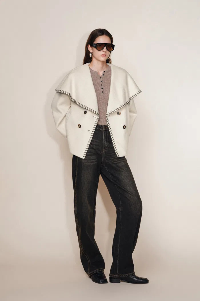 Lumi Handworked Faux Leather Hem Cape Coat in Silk Wool Double Face