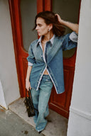 Harlow Striped Contrast Patchwork Shirt in Cotton Denim