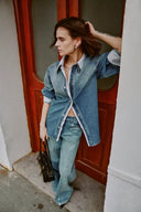 Harlow Gestreiftes Kontrast-Patchwork-Hemd aus Baumwoll-Denim