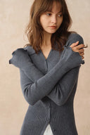 Katia Beige Wavy Cuff Fitted Collared Cardigan in Stretchy Merino Wool Cable Knit