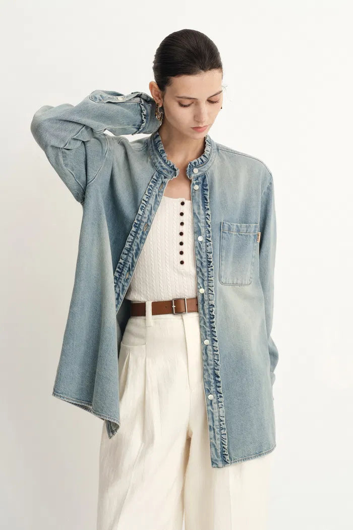 Olivia Ruffled Denim Shirt in Cotton-Linen Denim