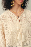 Blusa transparente con borlas y lazo, diseño paisley de crochet Hazel, 100% algodón con encaje