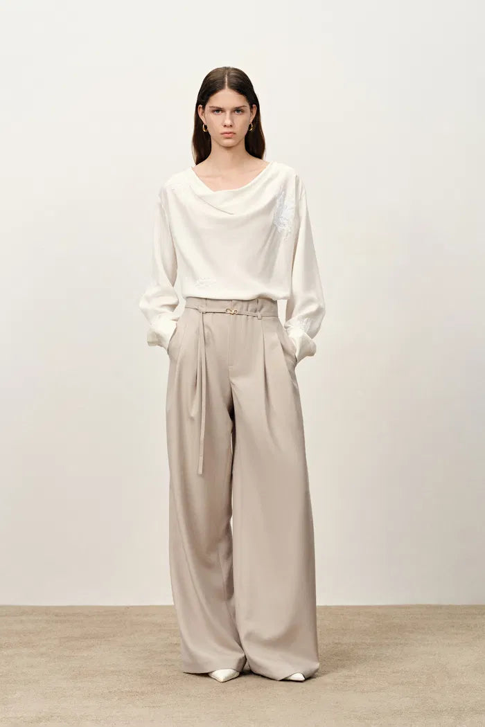 Halley Tie Waist Wide Leg Suit Pants in Wrinkle Resistant Suiting Fabric