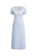 Gisele Lace Panel Checkered Square Neck Puff Sleeve Dress in Cotton