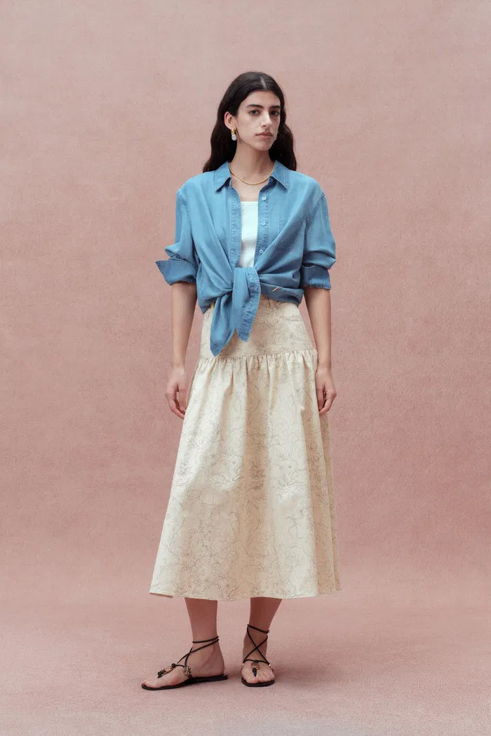 Rose Pleated Denim Skirt in Cottonseed Hull Denim