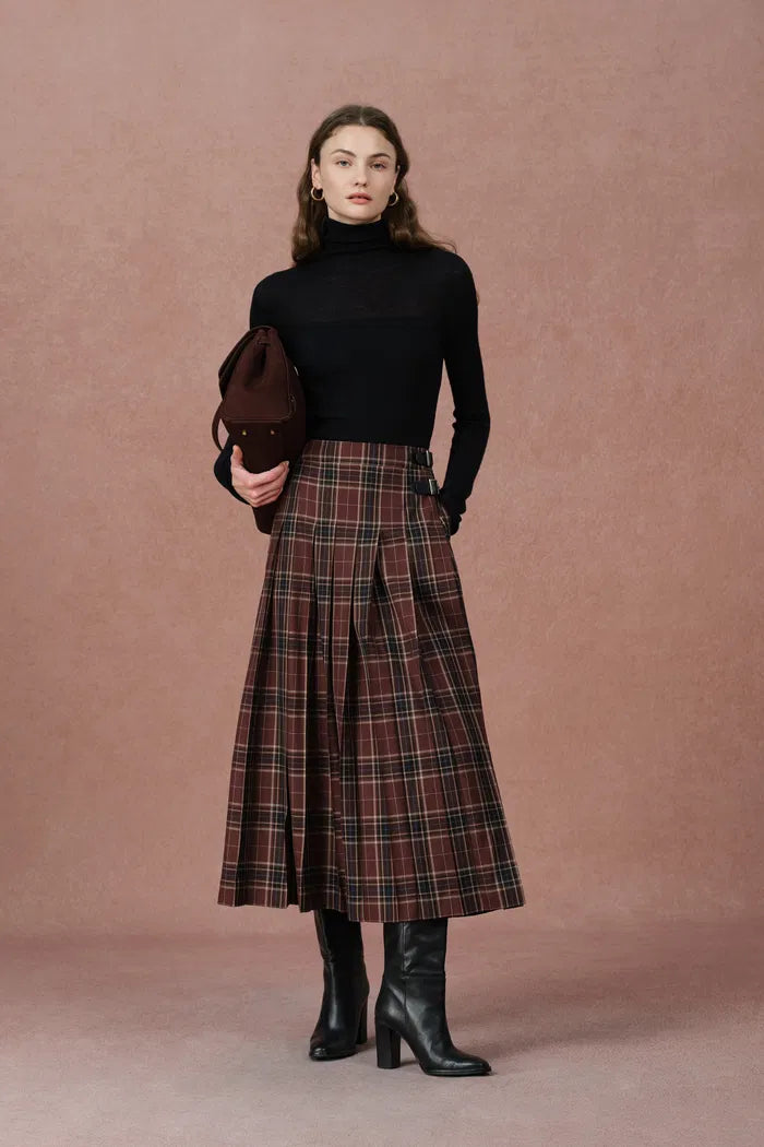 Yehudit Plaid Pleated Wool Maxi Skirt in Wool Blend
