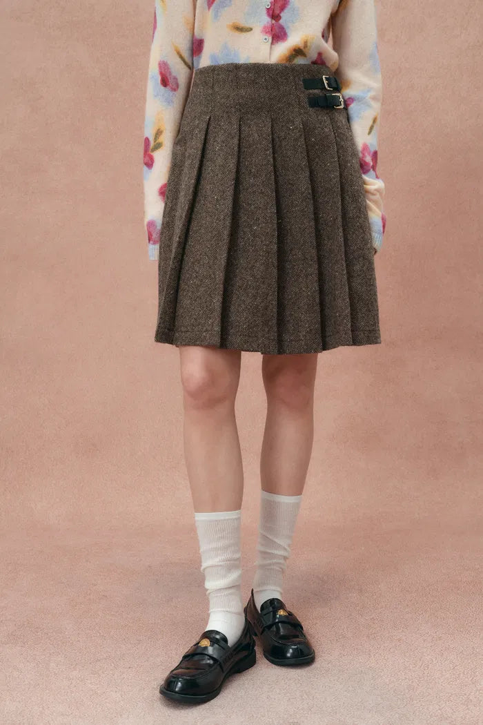 Maeve Leather Buttoned Pleated Skirt in Merino Wool