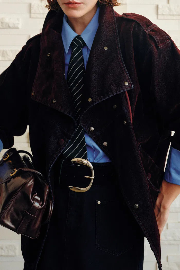 Hilda Reversible Collar Flocked Denim Jacket in Flocked Denim