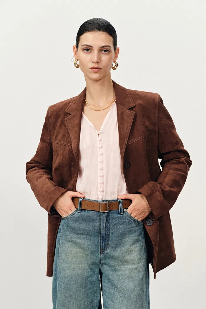 Verdi Curved Hem Loose Suit Blazer in Faux Suede