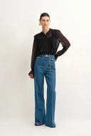 Elly Belted Teal Flared Jeans in Cotton Denim