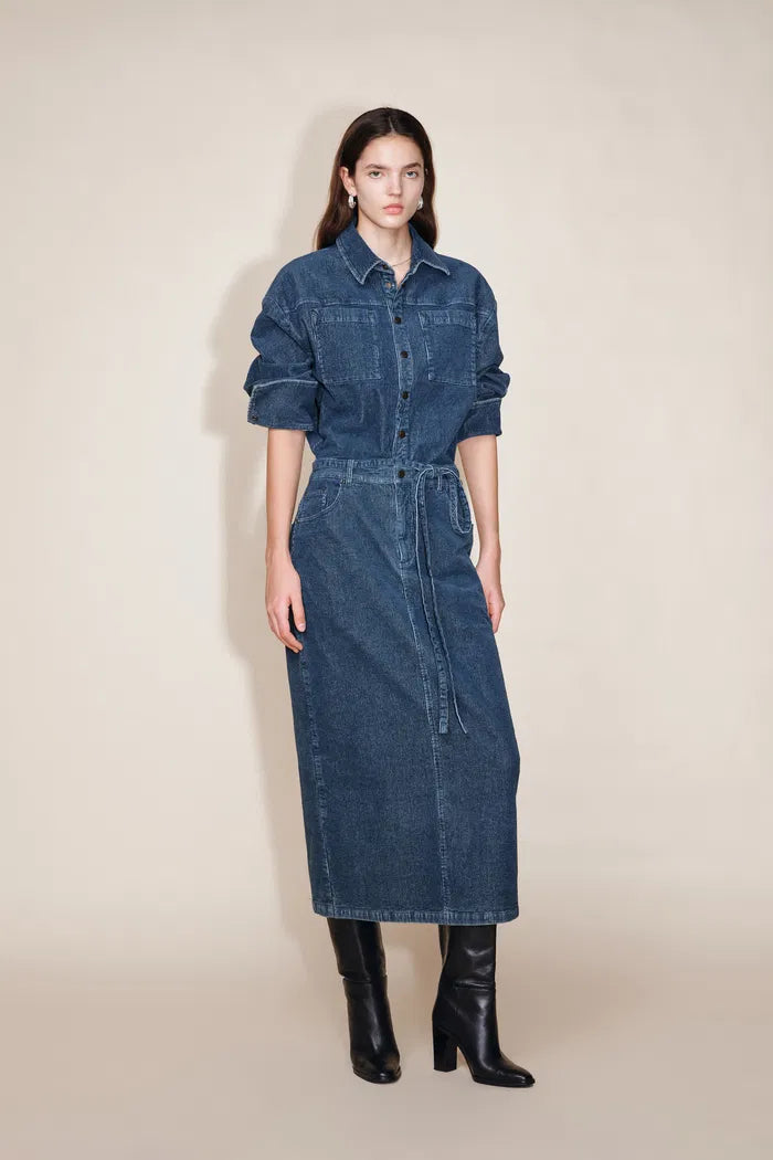 Quinn Antique Style Metal Buttons Dress in Washed Stretchy Corduroy