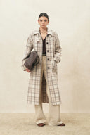 Fleur Textured Plaid Belted Long Coat in Wool Blend
