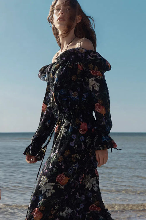 Granata Off Shoulder Hand-painted Print Dress in Silk Georgette