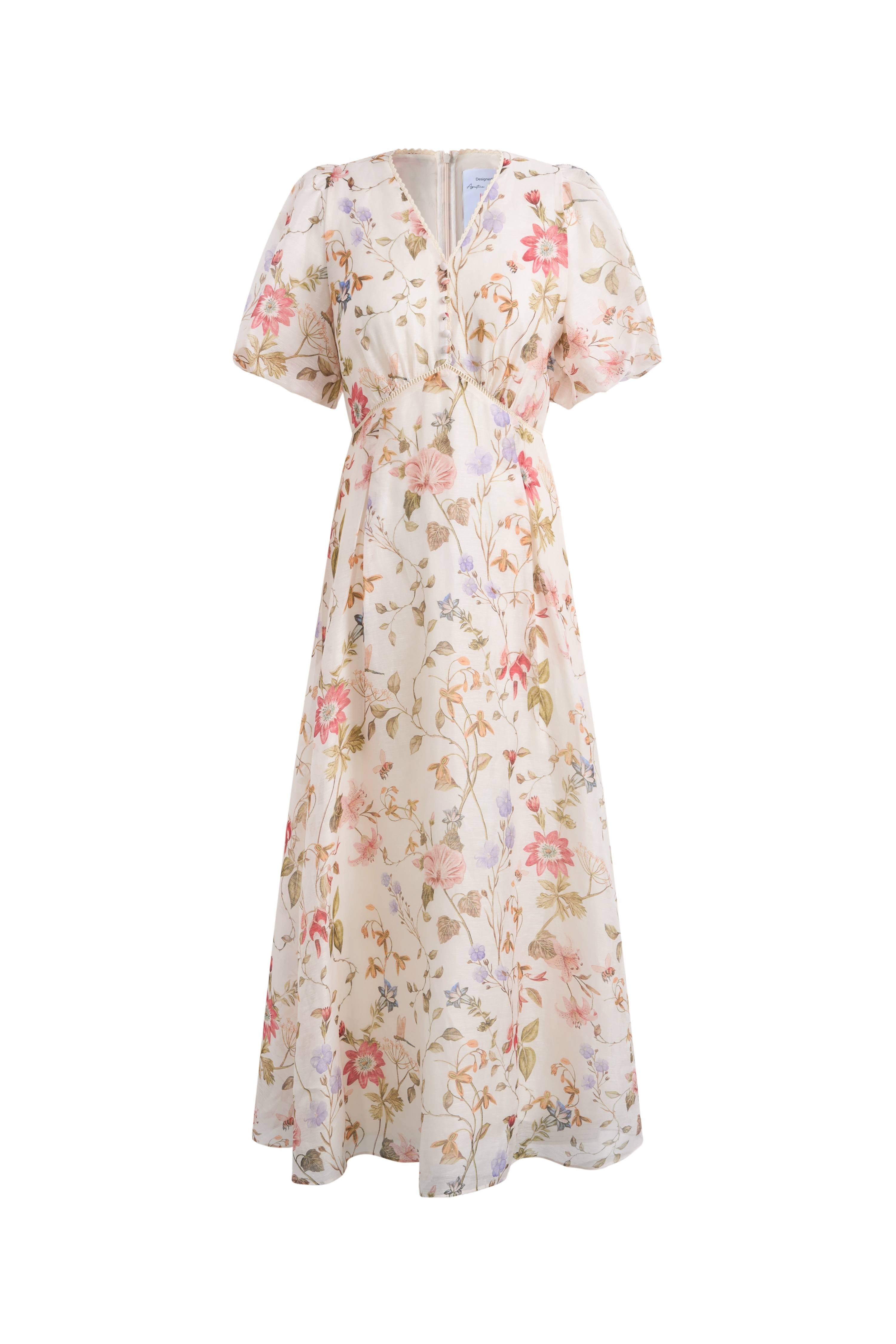 Willa Floral Print V Neck Puff Sleeve Dress in Silk Linen Organza S/P