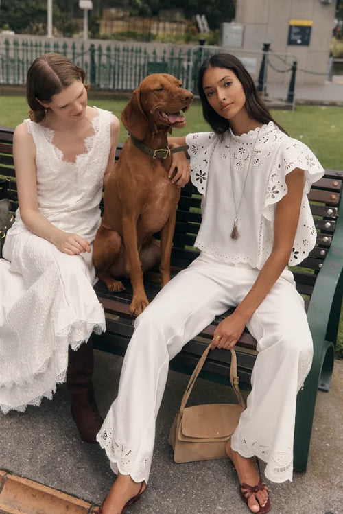 Lilou French Cutwork Embroidery Ruffle-Sleeve Top and Pants Matching Set in Cotton & Linen