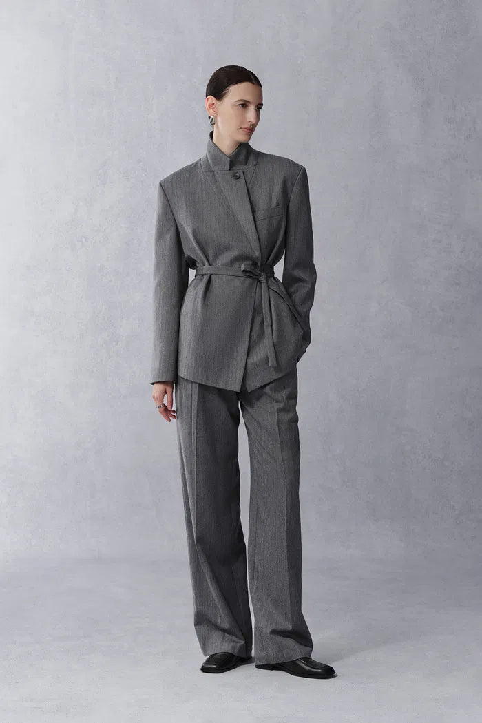 Kano Single Button Tie Waist Blazer and Pants Matching Set in Fine Wool Blend