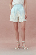 Paz Blue Embroidered Top and Short Matching Set in Silk-Linen Blend