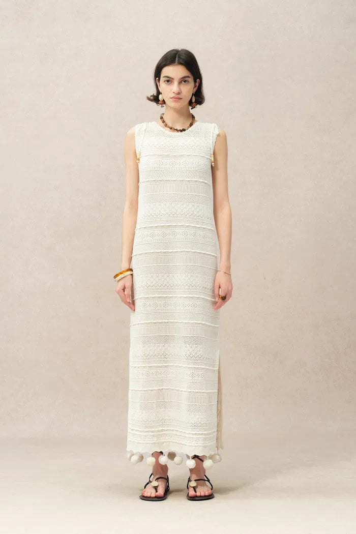 Sibilla Multi Stitchwork Maxi Crochet Dress in Cotton Knit