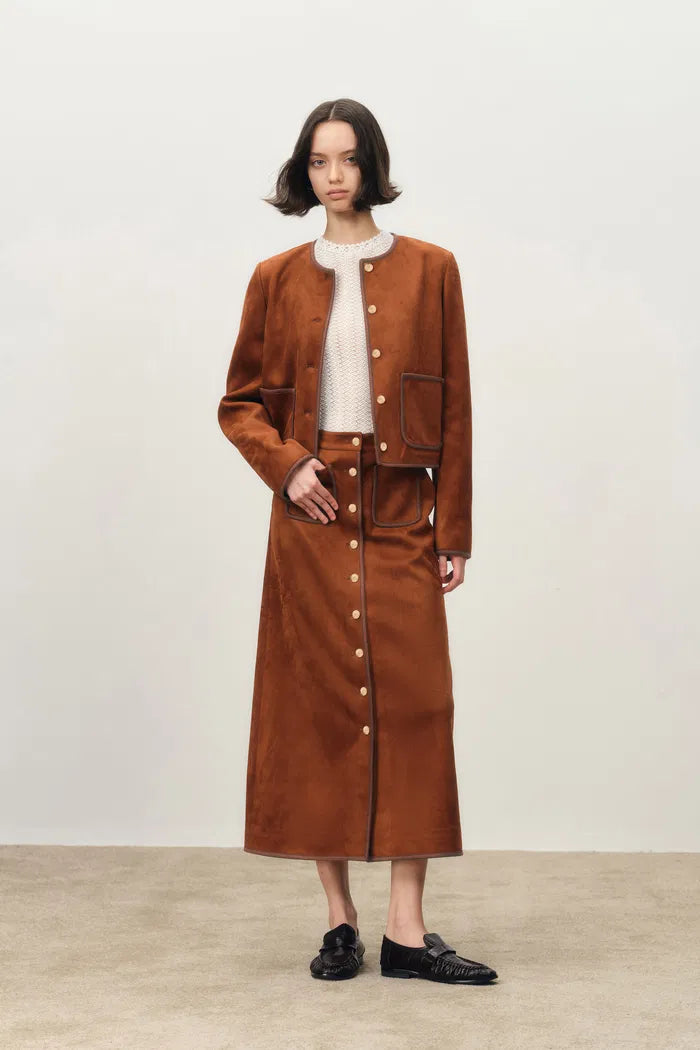 Olivia Contrast Trim Jacket in Faux Suede