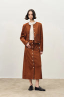 Olivia Contrast Trim Jacket and Skirt Matching Set in Faux Suede