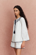 Celia Boho Embroidery Matching Blouse and Shorts Set in Silk-Cotton Blend