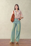Yori Handpainted Floral Print Sheer Beaded Puff Sleeve Blouse in Silk Linen Blend
