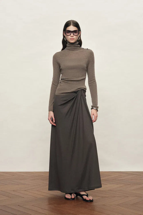 Lumina Slouchy Turtleneck Semi Sheer Bodice Fitted Top in Combed Wool