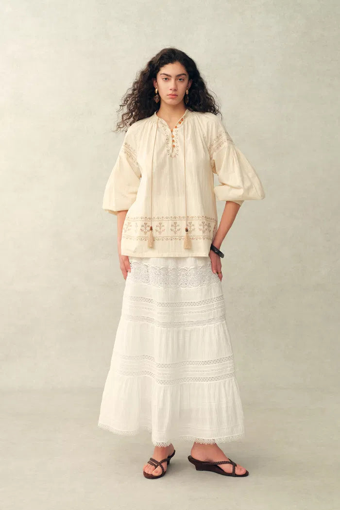Bailey Smocked Embroidered Shirt in Crepe Cotton