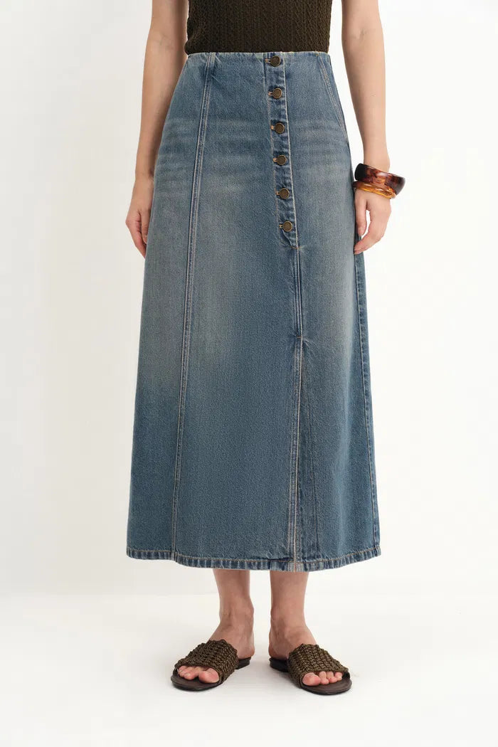Mariette Asymmetrical Placket Maxi Skirt in Cotton Denim