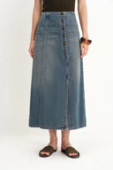 Mariette Asymmetrical Placket Maxi Skirt in Cotton Denim