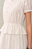 Elise Lace Embroidered Puff Sleeve Waist Cinched Dress in Cotton Jacquard