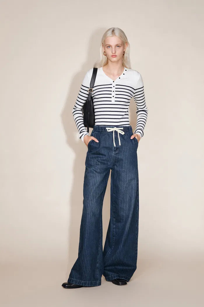 Olive Striped Drawstring Straight Leg Jeans in Striped Denim
