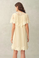 Sophia Lace Embroidery Capelet Short Sleeve Dress in Silk Blend Crinkled Georgette