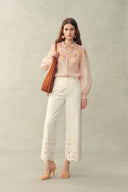 Lillian Handpainted Floral Embroidery Sheer Ombré Print Blouse in Silk Linen Organza