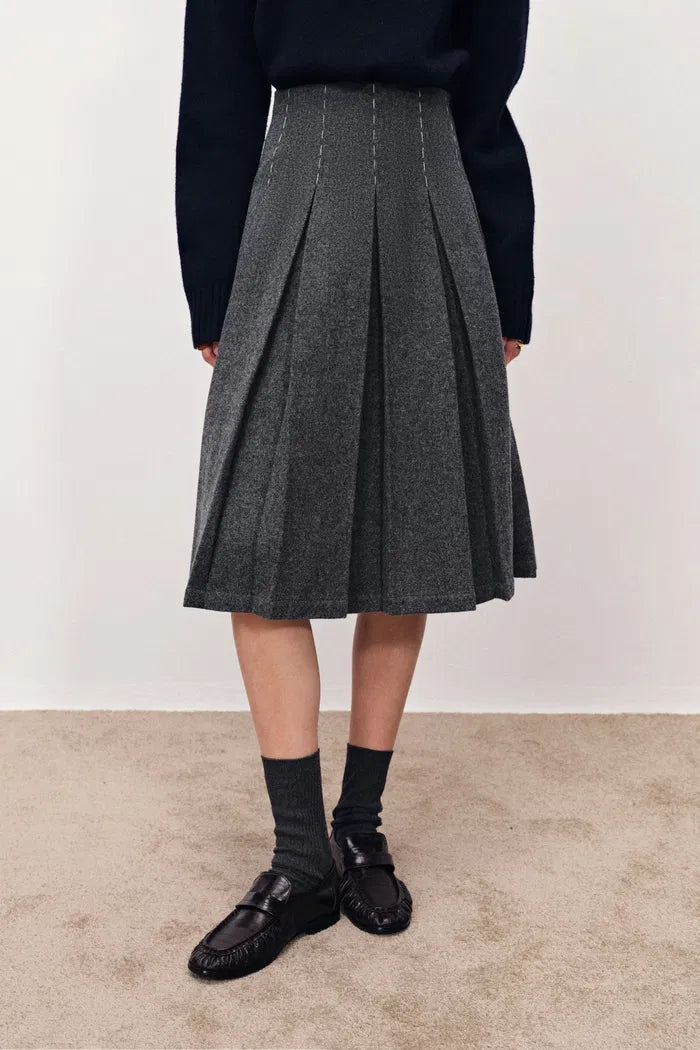 Ava Hand Embroidered Pleated Skirt in Merino Wool