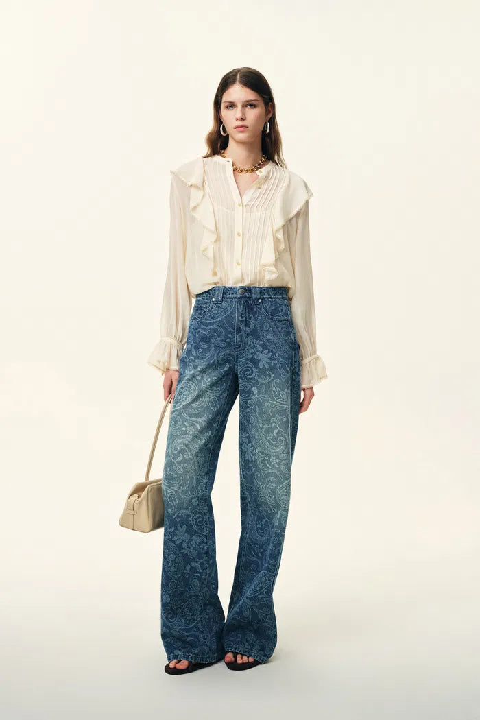 Kelly Paisley Embossed Faded Jeans in Cotton Denim