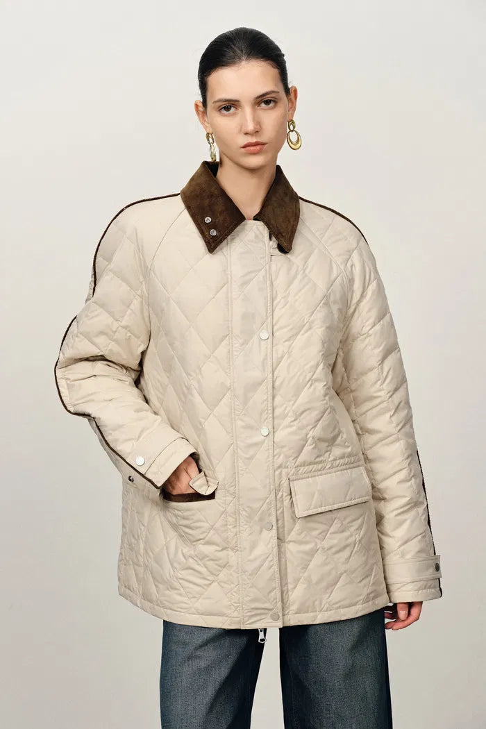 Isla Contrast Collar Quilted Down Jacket in Water-Resistant Cotton