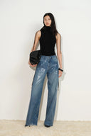 Zia Sequin Embellished Barrel Leg Jeans in Cotton Denim