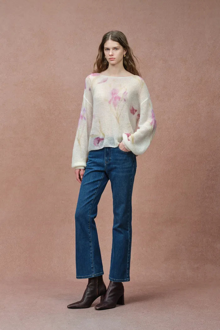Lilia Hand Painted Iris and Lily Print Knit Sweater in Merino-Mohair Blend