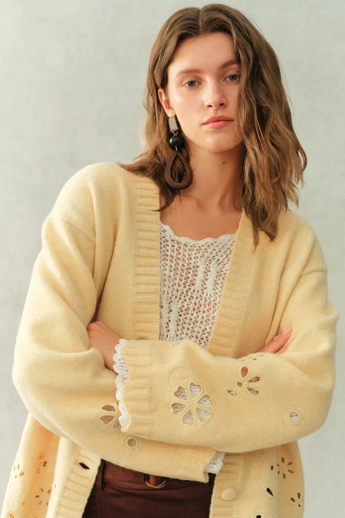 Daisy Openwork Embroidered Cardigan in Cotton Merino Wool Blend Knit