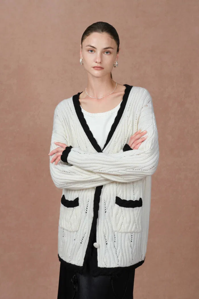 Prela Contrast Trimmed Knit Cardigan in Merino Wool