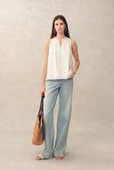 Rosalind Ruffle Neck Tie Front Sleeveless Top in Lightweight Lyocell Fabric